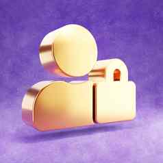 锁用户图标黄金光滑的锁用户象征孤立的紫罗兰色的天鹅绒背景