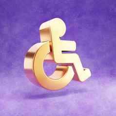 轮椅图标黄金光滑的轮椅象征孤立的紫罗兰色的天鹅绒背景