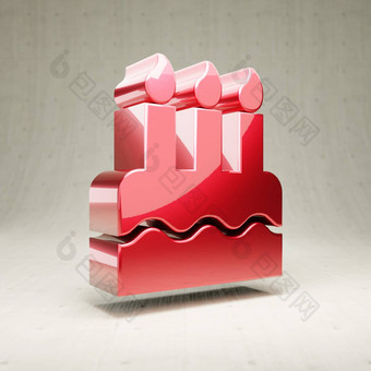 生日蛋糕图标红色的光滑的金属生日蛋糕象征孤立的白色混凝土背景