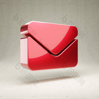 信封图标红色的光滑的金属信封象征孤立的白色混凝土背景