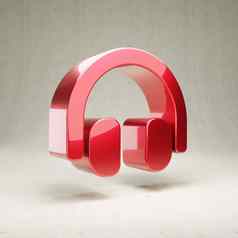 耳机图标红色的光滑的金属耳机象征孤立的白色混凝土背景