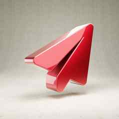 纸飞机图标红色的光滑的金属纸飞机象征孤立的白色混凝土背景