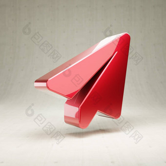 纸飞机图标红色的光滑的金属纸飞机象征孤立的白色混凝土背景