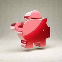 小猪银行图标红色的光滑的金属小猪银行象征孤立的白色混凝土背景