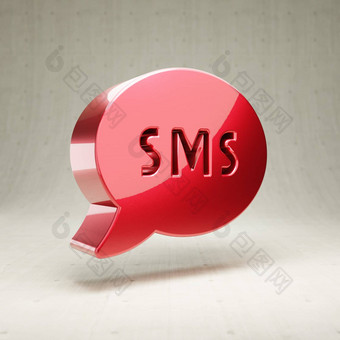 短信图标红色的光滑的金属短信象征孤立的白色混凝土背景