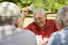 活跃的老年人集团朋友玩卡片公园