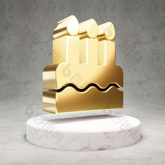生日蛋糕图标闪亮的金生日蛋糕象征白色大理石讲台上