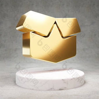 开放盒子图标闪亮的金开放盒子象征白色大理石讲台上