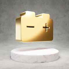 车电池图标闪亮的金车电池象征白色大理石讲台上