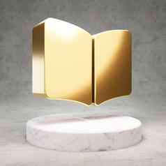 开放书图标闪亮的金开放书象征白色大理石讲台上