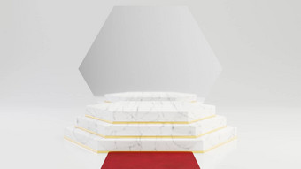 六角大理石基座步骤轮黄金框架镜子红色的地毯孤立的白色背景