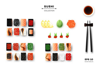 集合寿司卷筷子芥末酱姜酱汁促销模板前视图向量食物设计