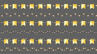 现实的向量克里斯特马斯花环孤立的花环金旗帜闪亮的灯向量模板光效果圣诞节设计