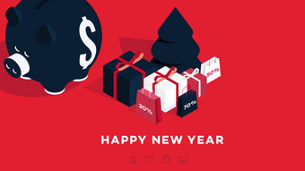 现代等角快乐一年背景向量模板礼物卡片促销网络页面出售广告牌