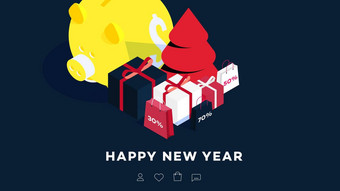 现代等角快乐一年背景向量模板礼物卡片促销网络页面出售广告牌