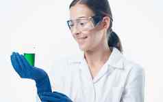 女人医生蓝色的手套医疗礼服疫苗化学元素实验室