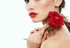 女人花裁剪视图化妆红色的嘴唇模型玫瑰