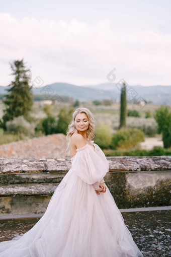 婚礼酒庄别墅托斯卡纳意大利新娘白色华丽的衣服只肩膀华丽的袖子走屋顶别墅