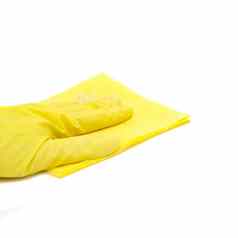 男人的手黄色的手套持有黄色的清洁布孤立的白色背景