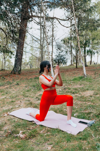 年轻的女人健身衣服瑜伽练习瑜伽席公园阳光明媚的一天