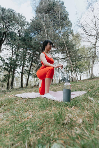 年轻的女人健身衣服瑜伽练习瑜伽席公园阳光明媚的一天