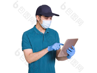年轻的快递工作科维德疫情穿蓝色的衣服帽子面具手套保护