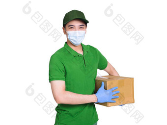 年轻的快递穿医疗面具手套保护工作科维德疫情持有纸箱包手