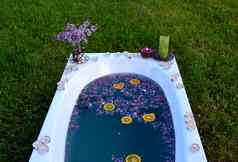 前视图浴缸蓝色的水紫丁香花草
