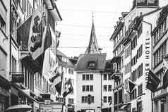 古董单色视图历史小镇商店奢侈品商店主要市中心班霍夫街街瑞士体系结构旅行目的地苏黎世瑞士