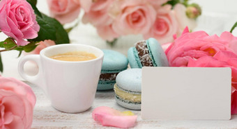 空白白色业务卡杯表示咖啡白色陶瓷杯咖啡蓝色的macaron白色表格