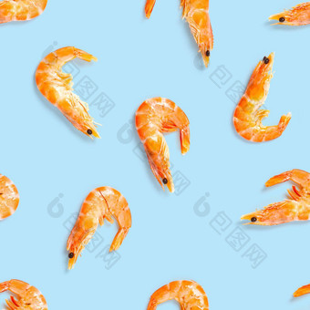 老虎虾无缝的模式使虾孤立的蓝色的背景海鲜无缝的模式虾海鲜模式