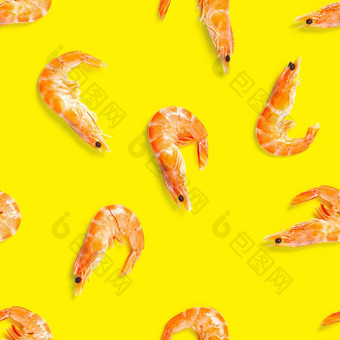 老虎虾无缝的模式使虾孤立的黄色的背景<strong>海鲜</strong>无缝的模式虾<strong>海鲜</strong>模式