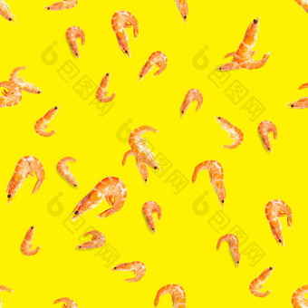 老虎虾无缝的模式使虾孤立的黄色的背景海鲜无缝的模式虾海鲜模式