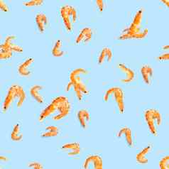 老虎虾无缝的模式使虾孤立的蓝色的背景海鲜无缝的模式虾海鲜模式