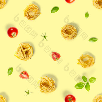 无缝的模式意大利意大利面蔬菜生意大利面意大利面条流行艺术背景平躺意大利生巢意大利面孤立的黄色的