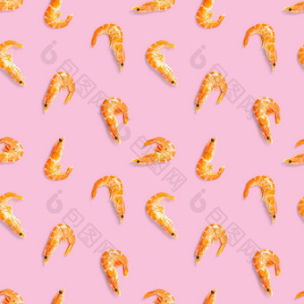 老虎虾无缝的模式使虾孤立的粉红色的背景海鲜无缝的模式虾海鲜模式