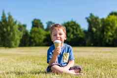 快乐男孩吃冰奶油在户外公园