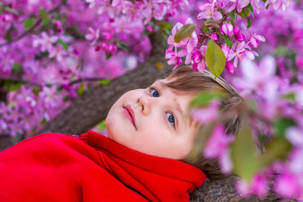 肖像孩子粉红色的苹果花苹果树布鲁姆春天开花苹果果园背景演讲海报横幅问候卡片