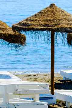 美丽的桑迪海滩棕榈树雨伞蓝色的海