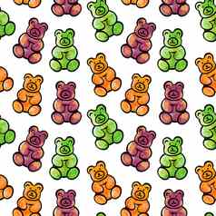 数字插图无缝的模式甜蜜的果冻糖果形式色彩斑斓的泰迪熊白色背景