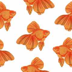 数字插图橙色详细的水族馆金鱼无缝的模式白色孤立的背景
