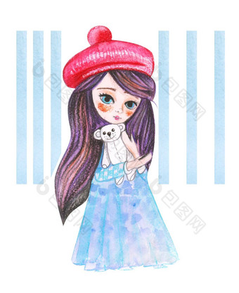 插图水彩画公主蓝色的衣服红色的贝雷帽孤立的背景