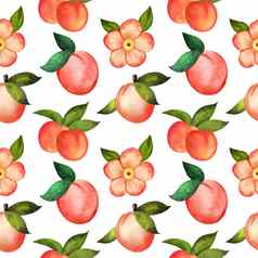 插图数字水彩无缝的模式桃子花白色背景