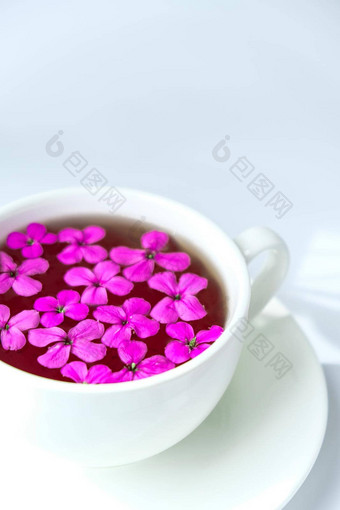现代生活粉红色的flowersin杯茶白色背景复制空间假期婚礼背景极简主义风格女早餐时尚的博主Herbal茶