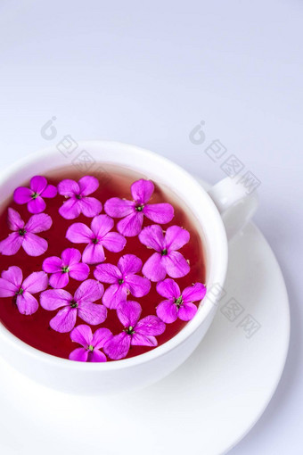 现代生活粉红色的flowersin杯茶白色背景复制空间假期婚礼背景极简主义风格女早餐时尚的博主Herbal茶