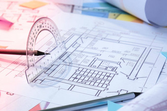 铅笔量角器建筑项目图纸工具架构师工作场所工程室内设计师的工作表格