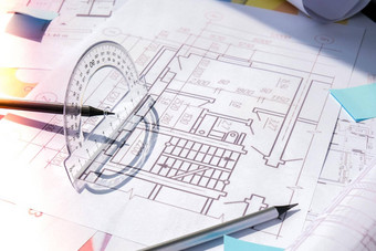 铅笔量角器建筑项目图纸工具架构师工作场所工程室内设计师的工作表格