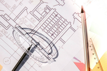 铅笔量角器建筑项目图纸工具架构师工作场所工程室内设计师的工作表格