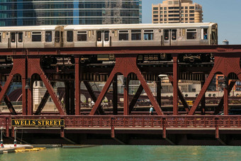 火车市中心芝加哥芝加哥火车街在户外美国旅行地铁火车通勤铁路跟踪体系结构运输市中心区米火车公共运输城市景观中西部美国城市生活城市城市场景桥伊利诺斯州