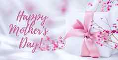 快乐母亲一天刻字问候卡礼物盒子粉红色的丝带干粉红色的花明亮的光柔和的概念